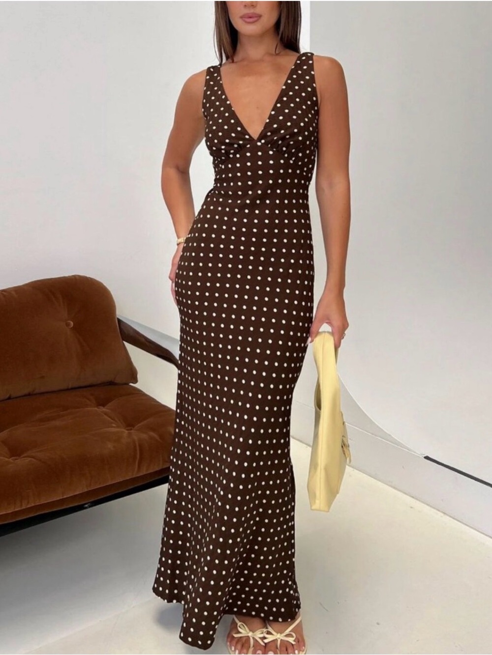 Princess Polly Nellie Maxi Dress Brown Polka Dot, size 12 medium